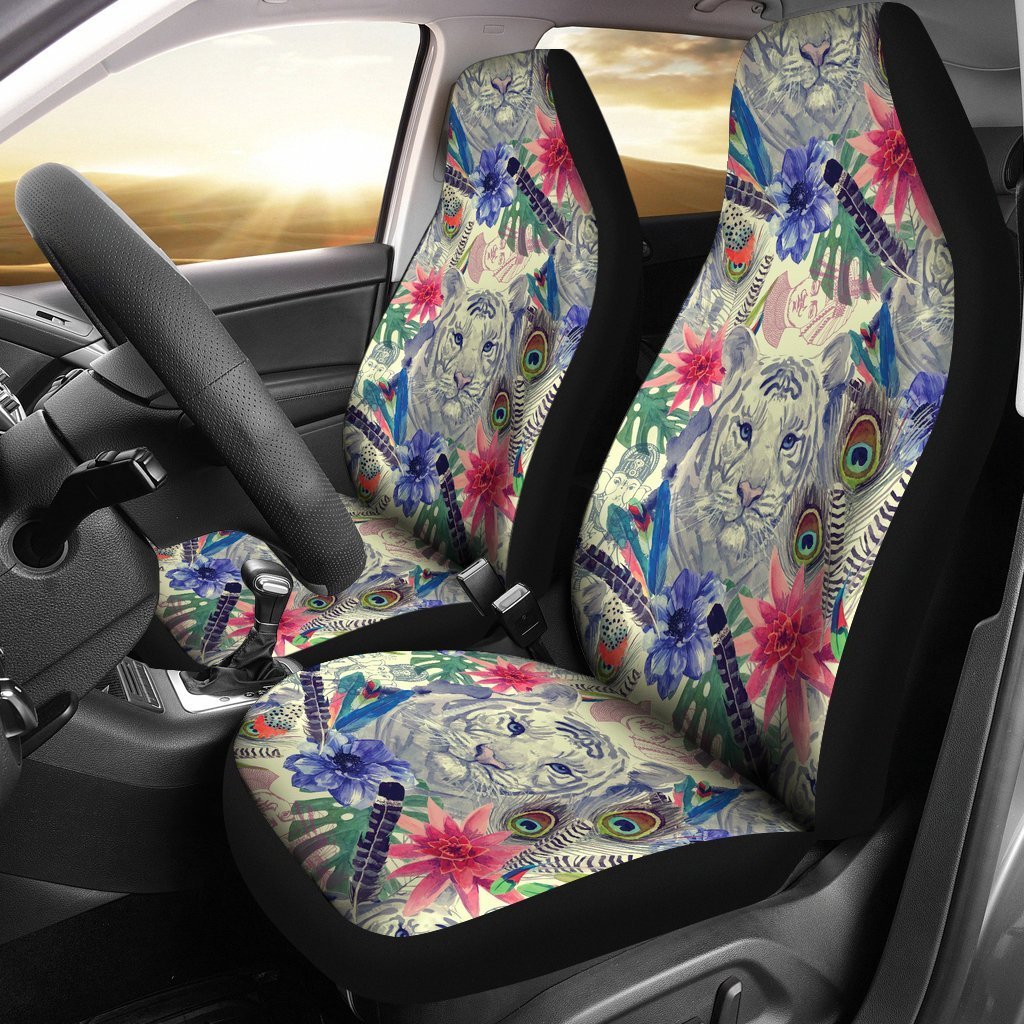 Bohemian White Tiger Pattern Print Seat Cover Car Seat Covers Set 2 Pc, Car Accessories Car Mats