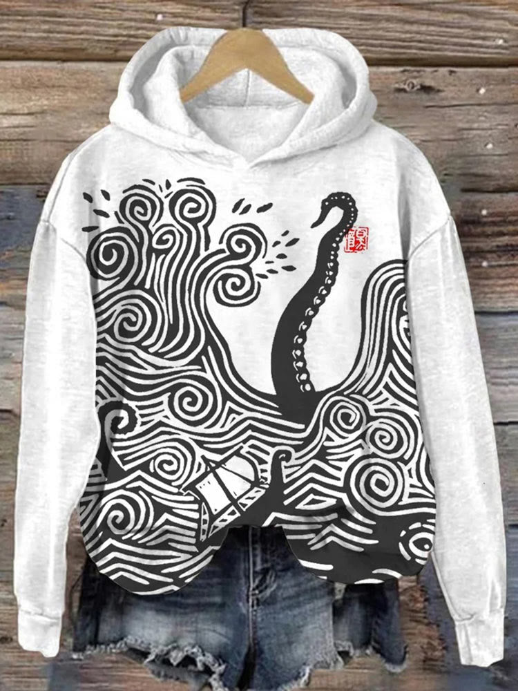 Octopus Japanese Lino Art Graphic Comfy Hoodie