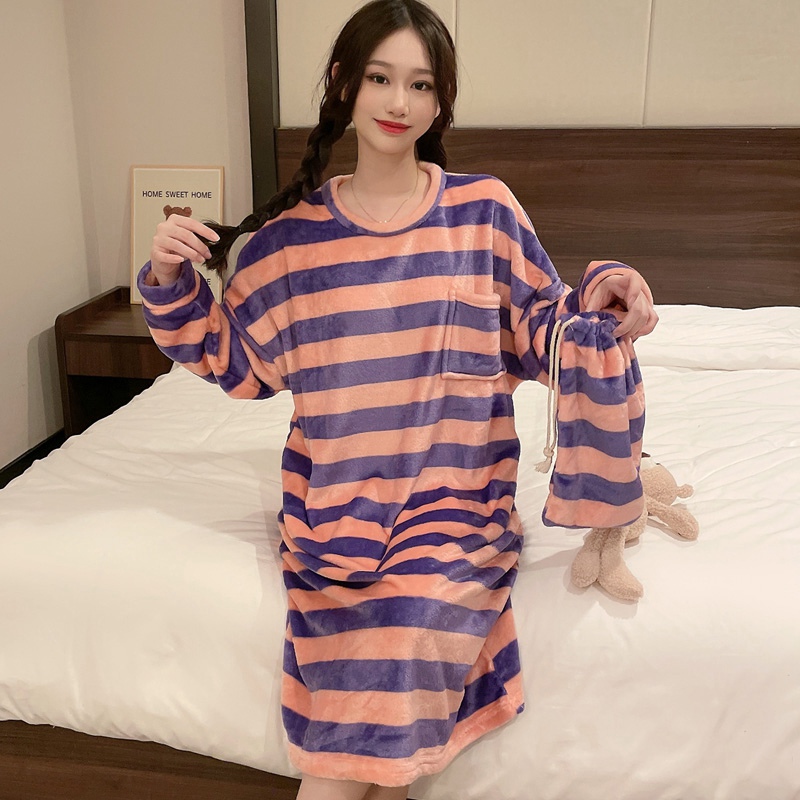 Thick Warm Flannel Long Sleeve Loose Nightgowns For Women Winter Coral Velvet Long Dress Sleepwear Night Dress Nightdress Nighty alx