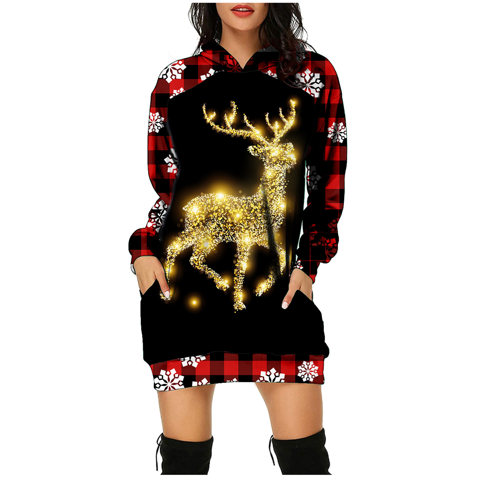 Christmas Hooded Dress Women Autumn Long Sleeve Pockets Elk Snowflake Print Loose Mini Dresses Платье Женское Зима 2022 L5 alx