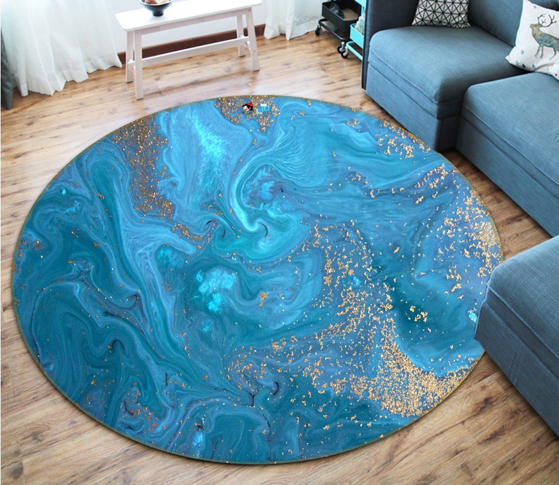 3D Blue Background Flowing 106 Round Rug – Round Carpet Home Decor