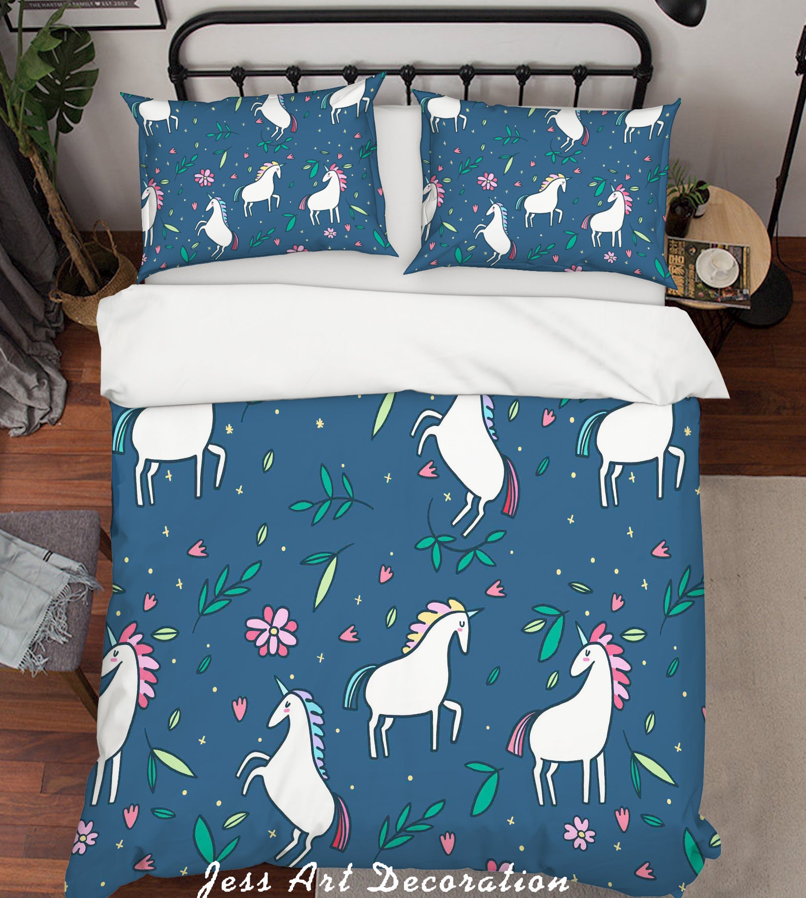 3D Blue Unicorn Floral Quilt Cover Set Bedding Set Pillowcases 17