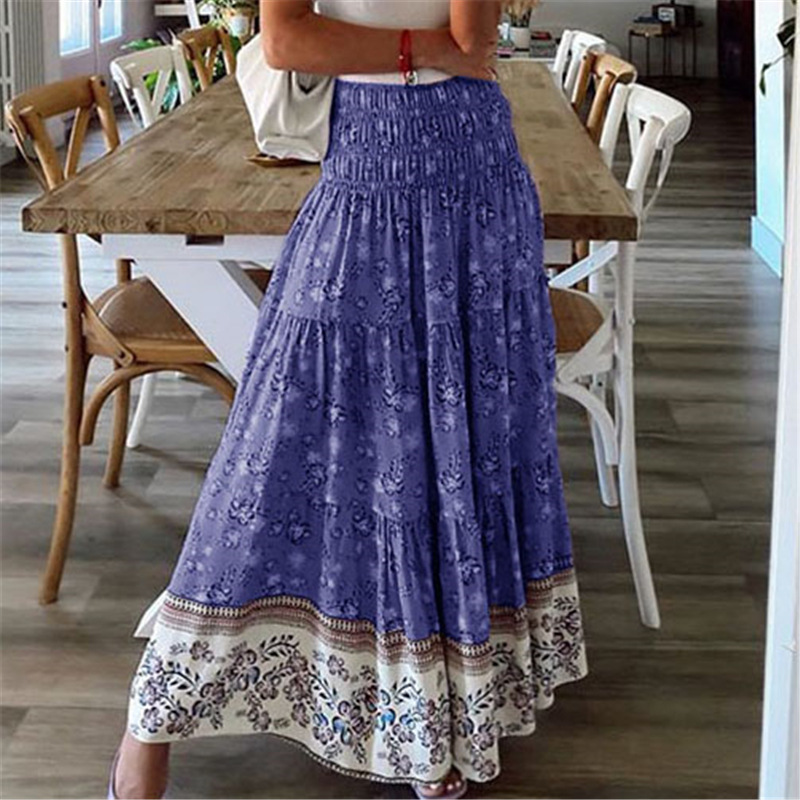 Boho Casual Print Maxi Skirt Women Summer Fashion Sexy High Waist Skirts Womens 2021 Pink Beach Floral A-line Long Skirts Femme alx