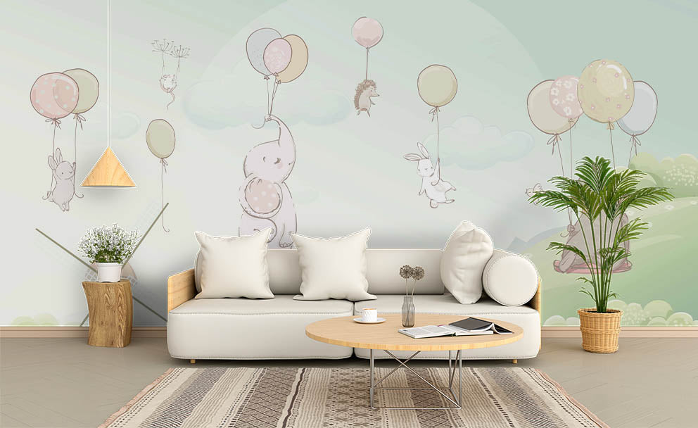 3D Cartoon Animals Balloon Wall Mural Wallpaper 223