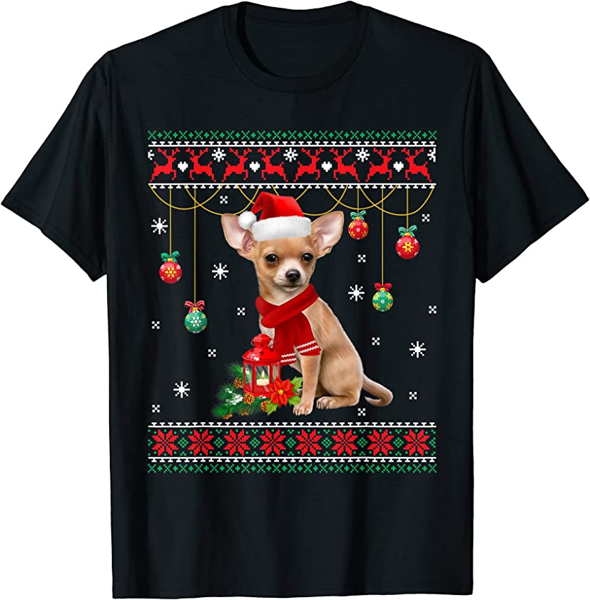 Chihuahua Dog Lights Ugly Sweater Puppy Santa Hat Christmas T-Shirt