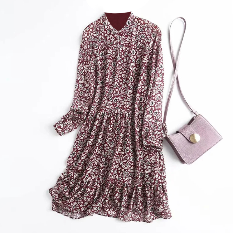 Women Vintage Floral Printed Stand Collar Elegant Dresses 2021 Ladies Fashion Spring Autumn Long Sleeve A-line Dress alx