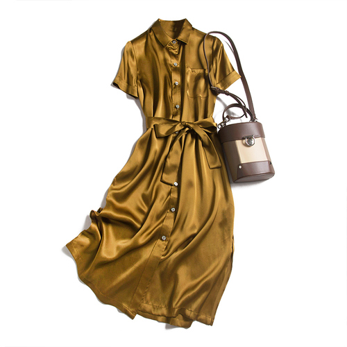 2022 Women’s Fashion New 100 Natural Mulberry Silk Solid Color Satin Temperament Shirt Dress Elegant Temperament Party Dress alx