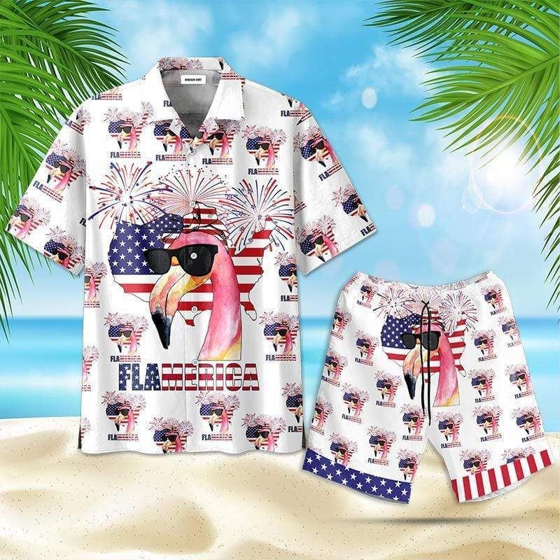 Flamingo Flamerica For July Hawaii Aloha Shirts Or Beach Shorts Ha11066