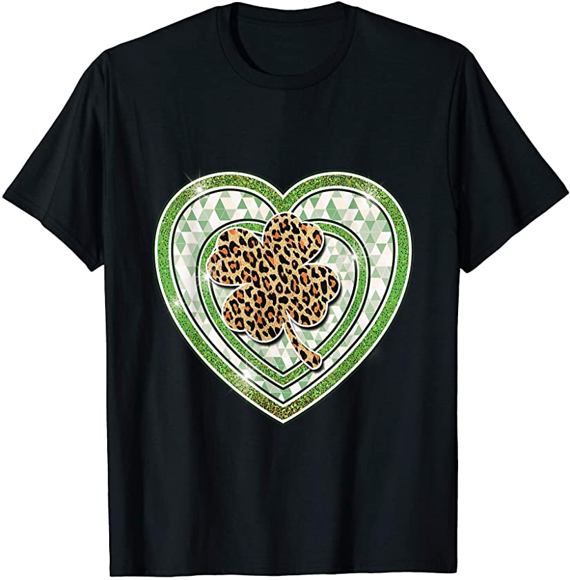 St Patricks Day Shirt Women Lucky Leopard Shamrock Heart T-Shirt