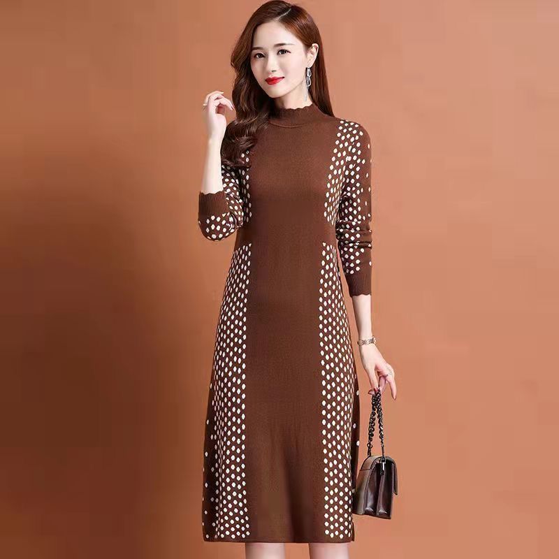 Women Autumn Dress 2022 New Knitting Half High Collar Pullover Dot Patchwork Oversize Female Bottom Clothes Good Quality alx