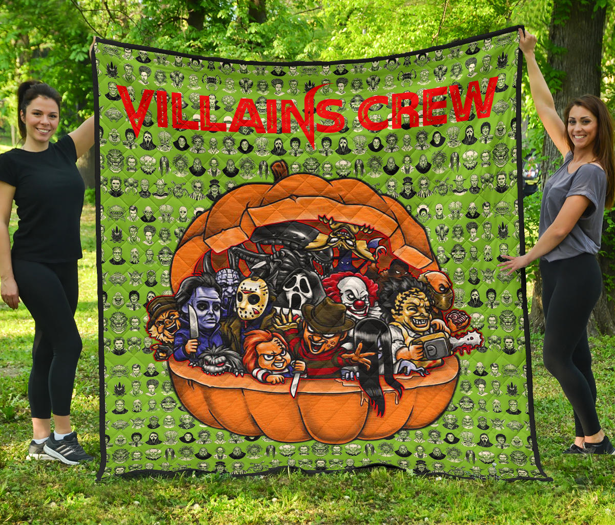 Horror Movie Premium Quilt | Villains Crew In Pumpkin Green Patterns Quilt Blanket Nt083007