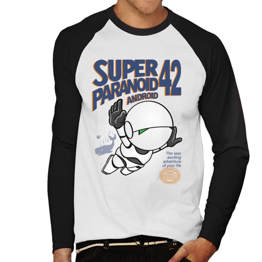 Super Paranoid Android 42 Hitchhikers Guide Mario Men’s Baseball Long Sleeved T-Shirt