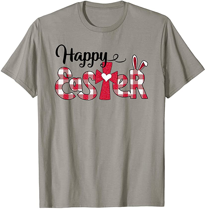 Plaid Happy Easter Bunny Ears Christian Cross Easter Day T-Shirt