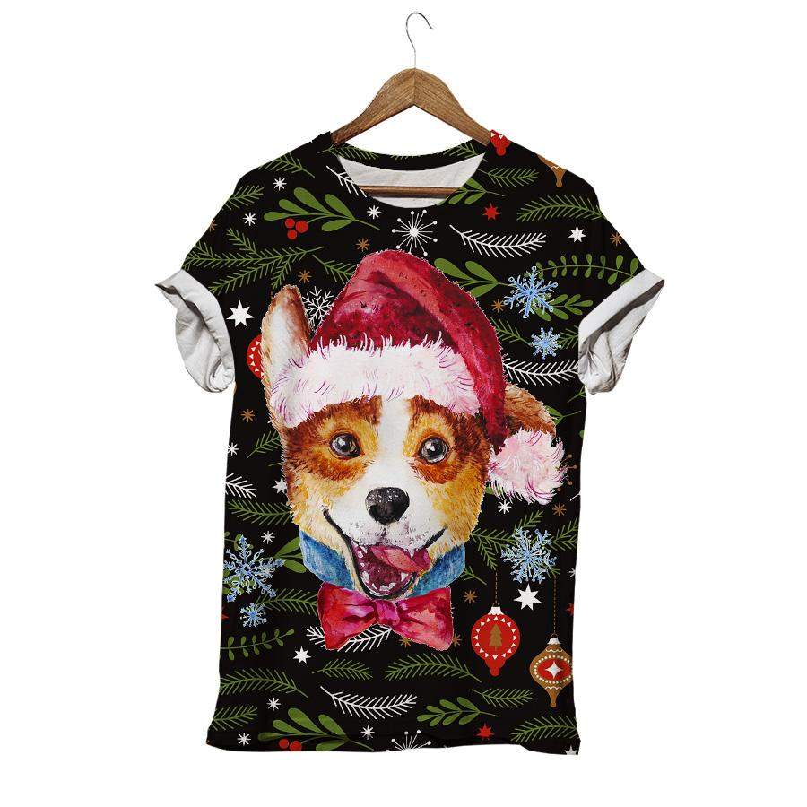 Cute Puppy Wearing Santa Claus Hat And Pink Bow Christmas Pattern Corgi Dog T-shirt