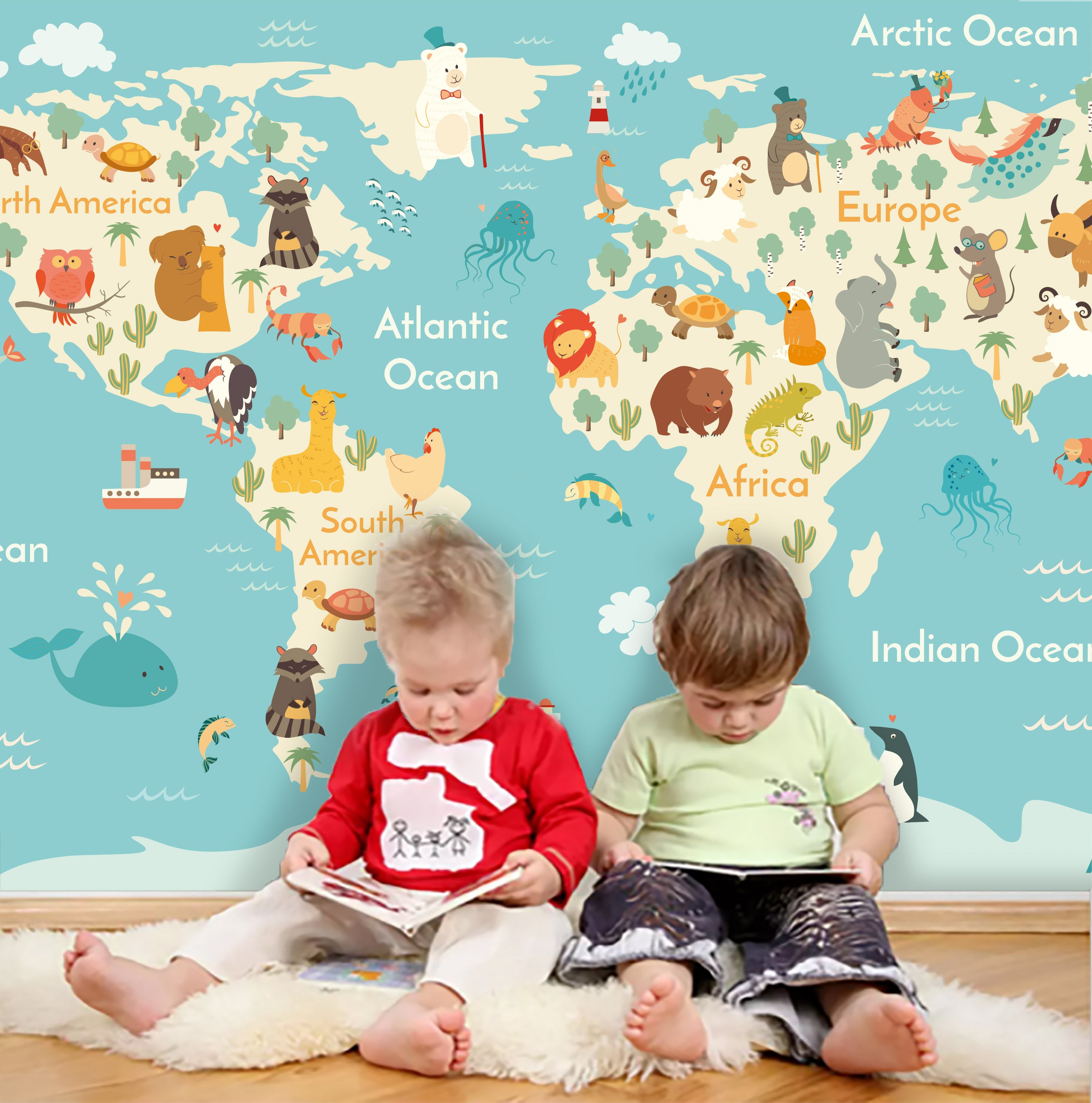 3D Kids, Cartoon Animals, World Map Wallpaper-Nursery