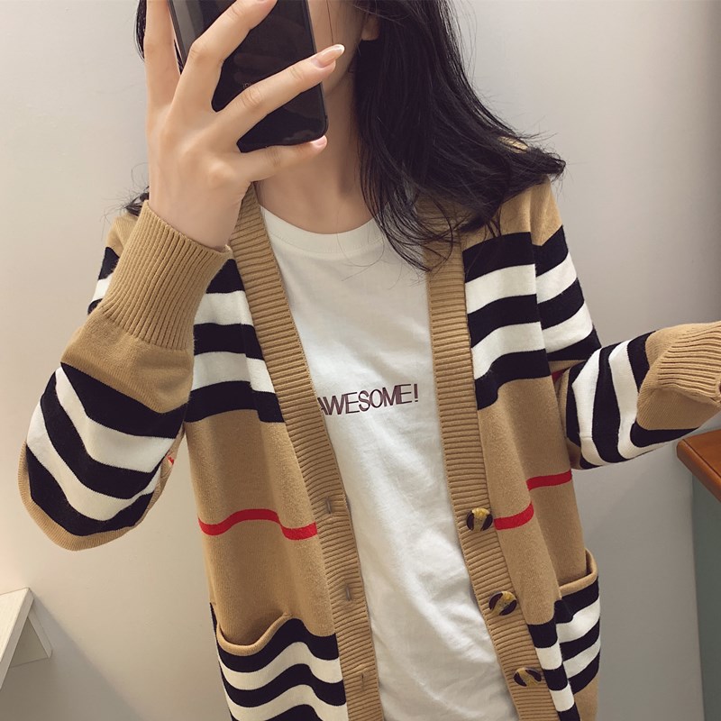 Women’s sweater women’s jacket cashmere cardigan mid-length knitted jacket V-neck loose striped sweater thin ladies trench coat alx