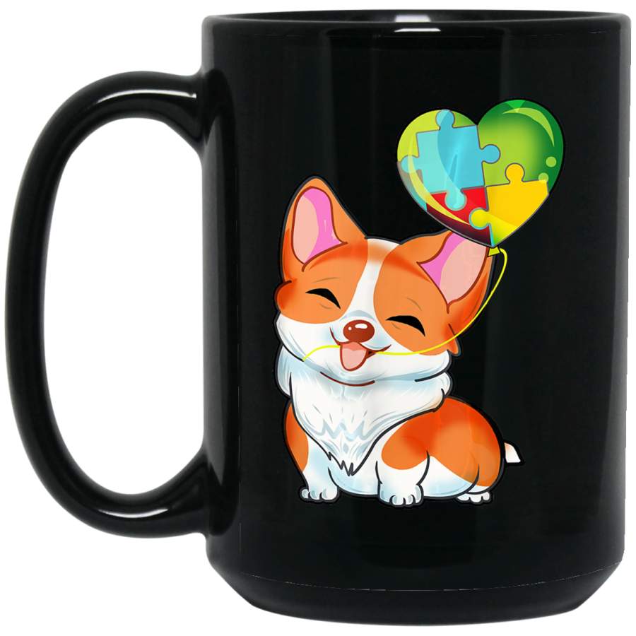 Autism Awareness Corgi Puppy Dog Puzzles Heart Balloon 11oz 15oz Black Mug Idea 2nd April Puzzle Ribbon Support Autism Dad Mom Kids Autistic