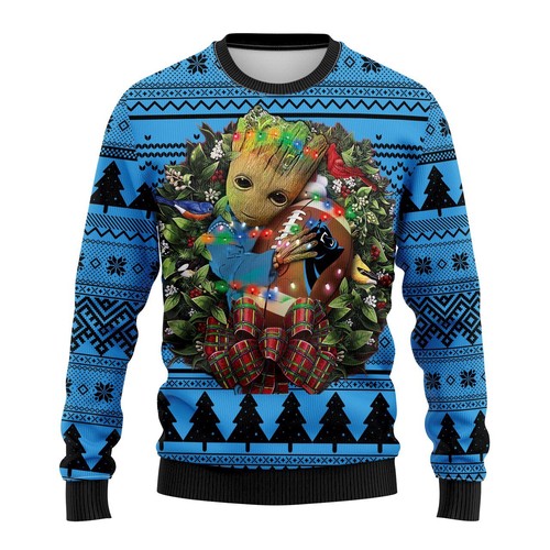 Carolina Panthers Groot Hug Christmas Gift For Fan Ugly Wool Sweater Christmas