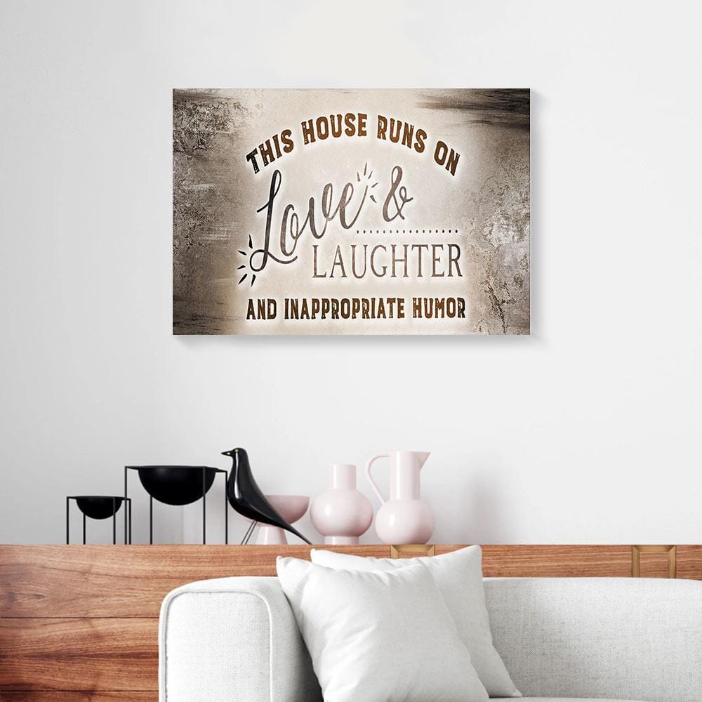 Canvas Wall Art This Home Runs On Love & Laughter Pattern Brown Wood Frame Canvas Wall Art Home Decoration