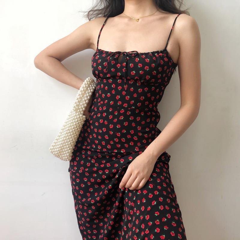Dress Women New Spaghetti Strap Floral Sexy Summer Sweet Girls Mid-calf Party Vestido French Style Vintage Slim Chic Casual Ins alx