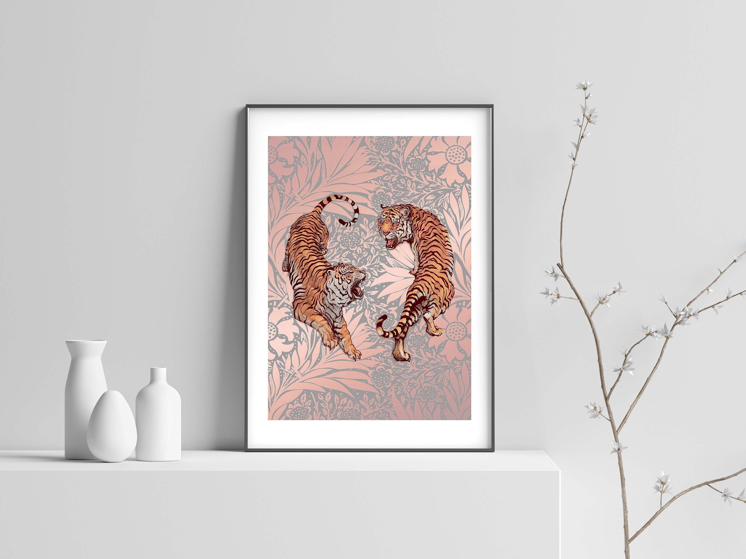 Vintage Floral Tigers Print, Tigers Poster, Tiger Art Print, Vintage Art Print, William Morris Print, Wall Art Poster Print – Sizes A2 A3 A4