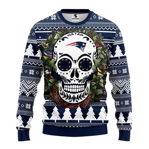 New England Patriots Skull Flower Christmas Gift For Fan Ugly Wool Sweater Christmas