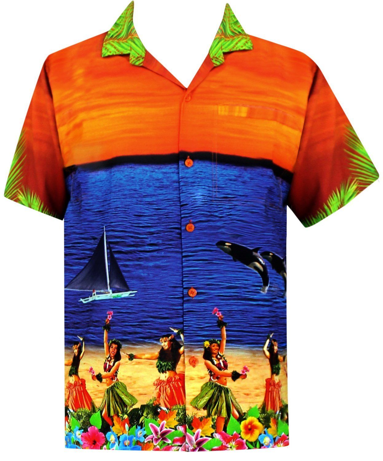 La Leela Men Regular Size Beach Hawaiian Shirt Aloha Tropical Beach Front Pocket Short Sleeve Orange