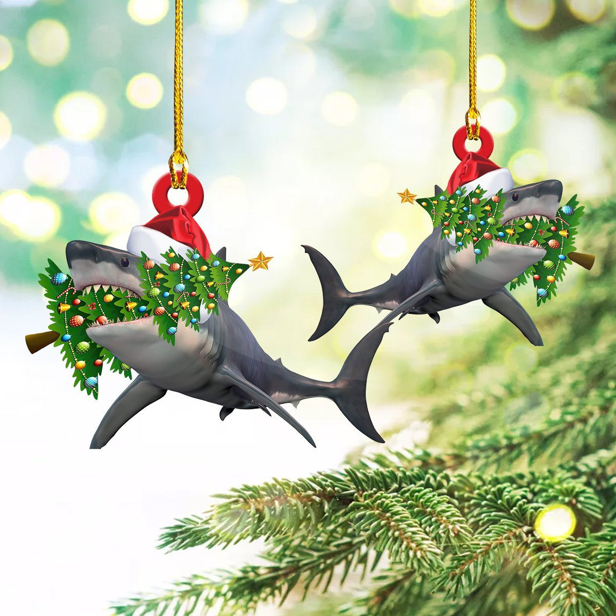 Shopeeyou – Christmas Shark With Pine Tree Car Ornament Two Sided Ornament, Christmas Ornament, Shaped Ornament