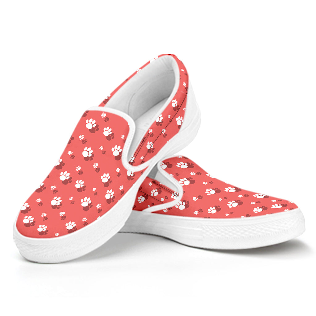 Pink And White Animal Paw Pattern Print White Slip On Shoes