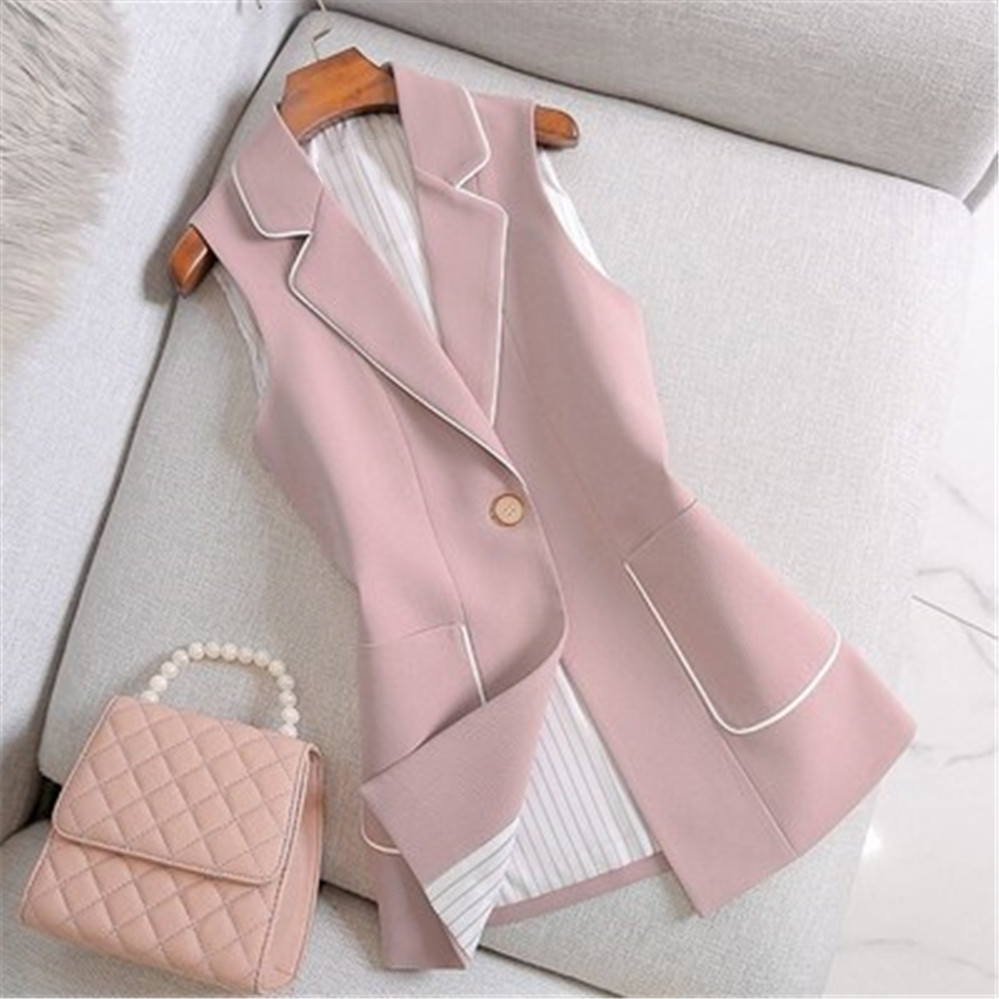 2021 Spring Autumn Women Vintage Long Blazer Vest Chic Single Button Sleeveless Suit Female Jacket Outwear Waistcoat Tops alx