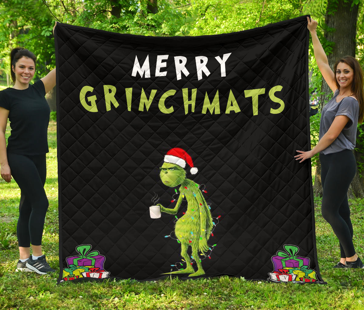 Christmas Premium Quilt | Merry Grinchmats Grumpy Grinch With Lights And Coffee Quilt Blanket Na100405