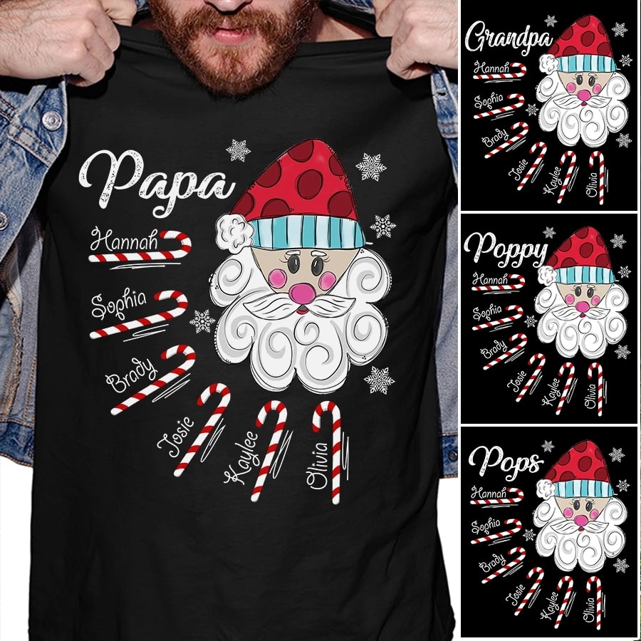 Personalized T-Shirt For Grandpa Papa Santa Claus With Candy Cane Printed Christmas Design Custom Grandkids Name