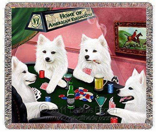 American Eskimo Dogs Playing Poker Woven Throw Blanket 54 X 38