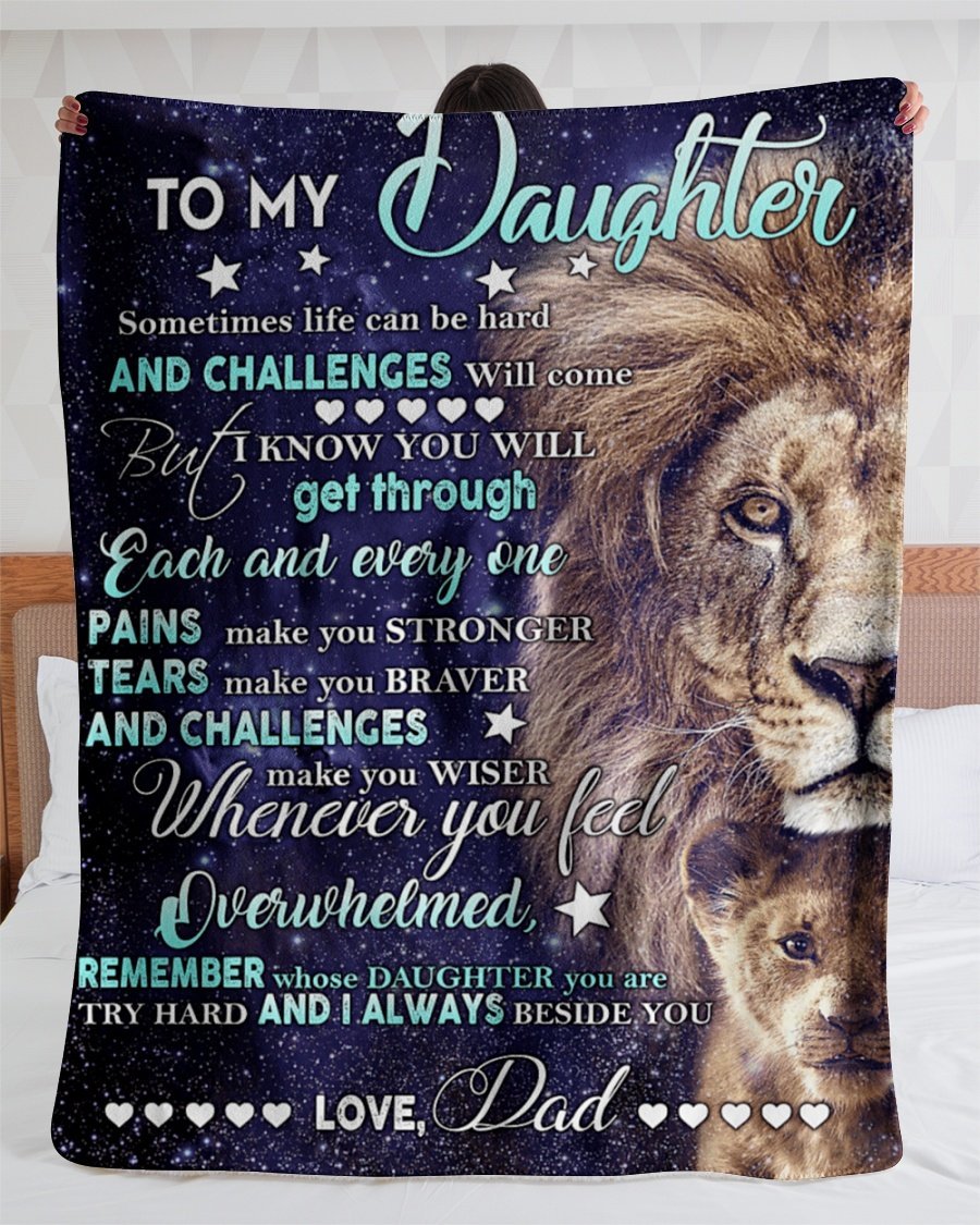 To My Daughter Dad Lion Challenges Personalized Custom Name Text Fleece Blanket Print 3D, Unisex, Kid, Adult