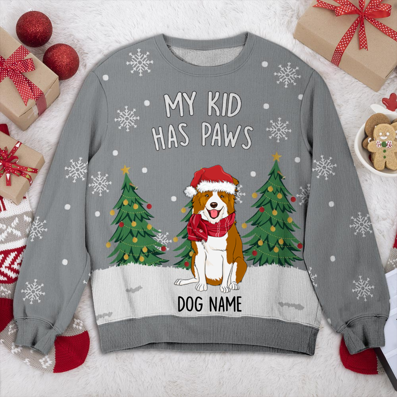 Border Collie My  Kid Has Paws Personalized Sweater, Dog Ugly Christmas Sweater