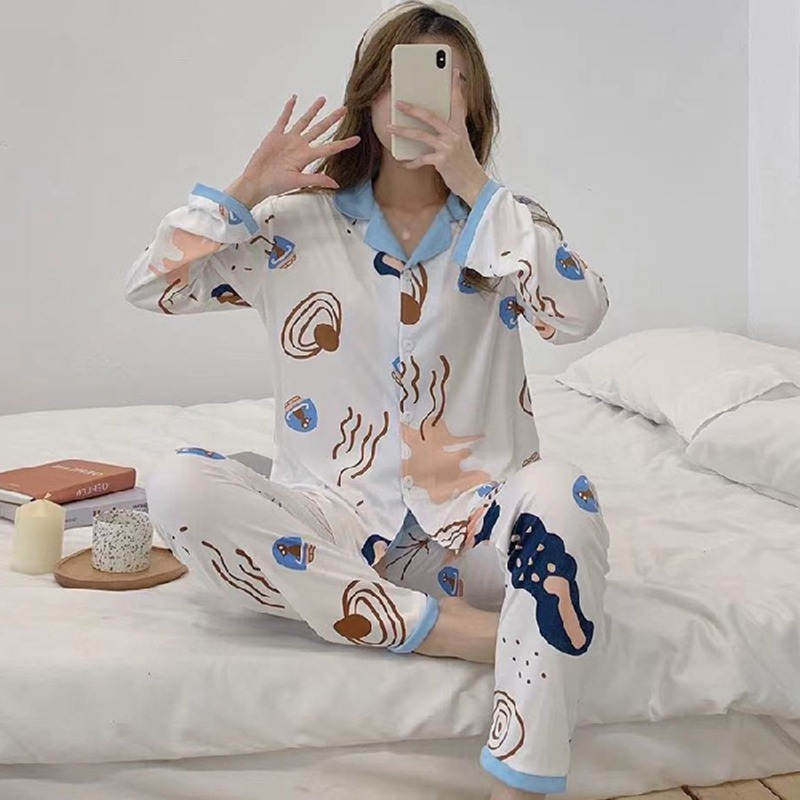 AutumnWomen Pajama Set Milk SilkLong Sleeves Trousers Leopard Spring Anime Sleepwear Pattern Nightwear alx