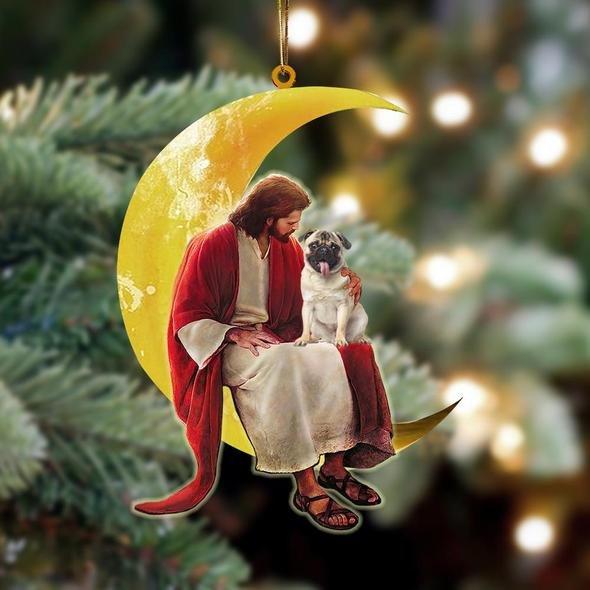 Pug Dog And Jesus Sitting On The Moon Hanging Ornament