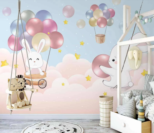 3D Cartoon Colorful Balloon Bunny Animal Wall Mural Wallpaper Lxl