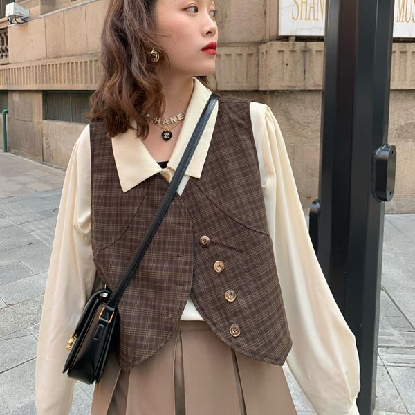 Vests Women Plaid Autumn BF Style Outerwear Cropped Vest Fashion Single Breasted New V-Neck Harajuku Simple Sleeveless Clothes alx