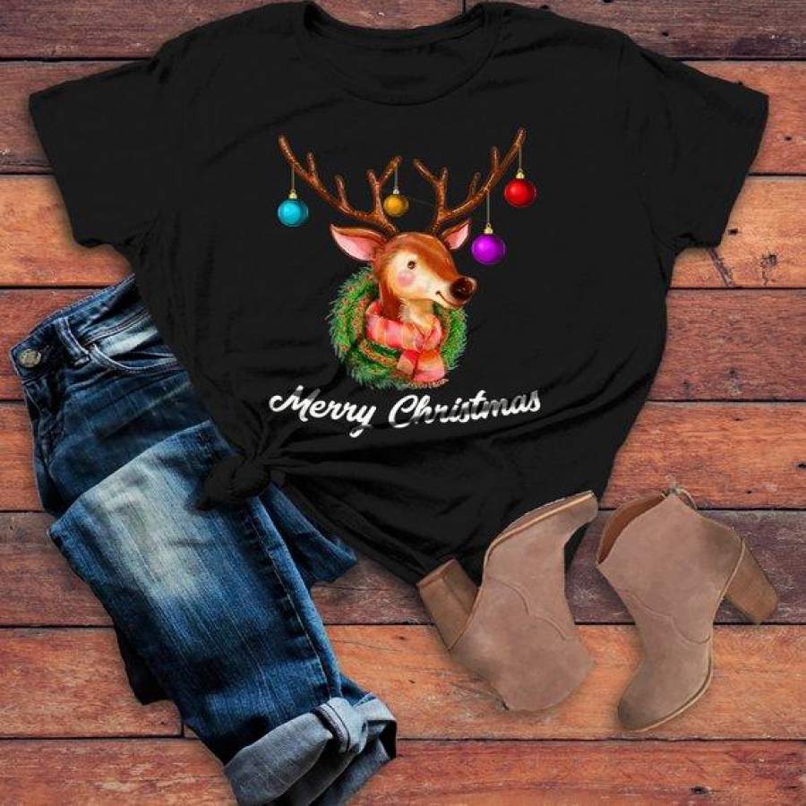 Women’s Christmas Shirt Christmas Outfit Christmas Wreath Cute Deer Merry Christmas Graphic Tee