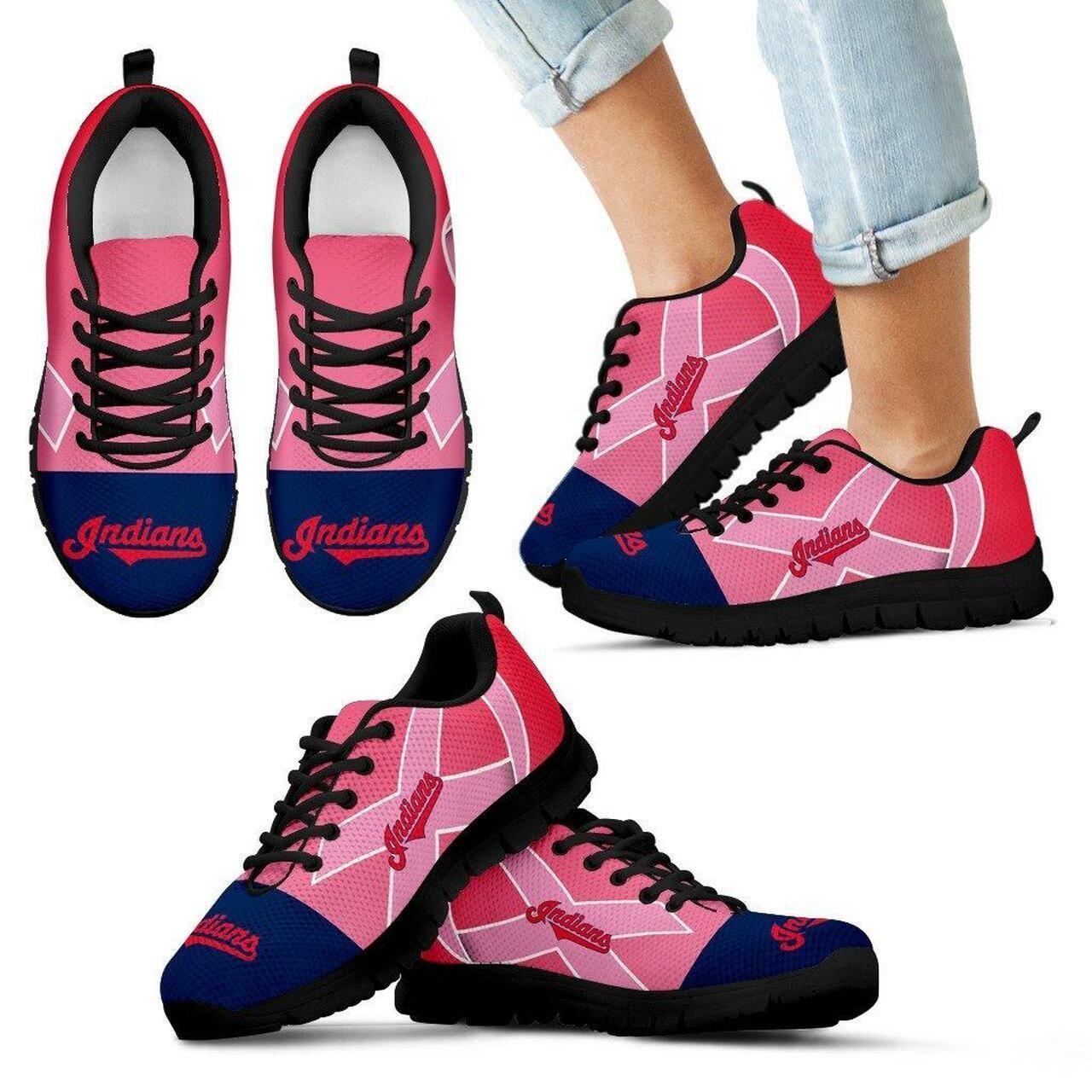 Cleveland Indians Sneakers Cancer Pink Ribbon Canvas Shoes Gift For Fan Black  Shoes 90 Fly Sneakers