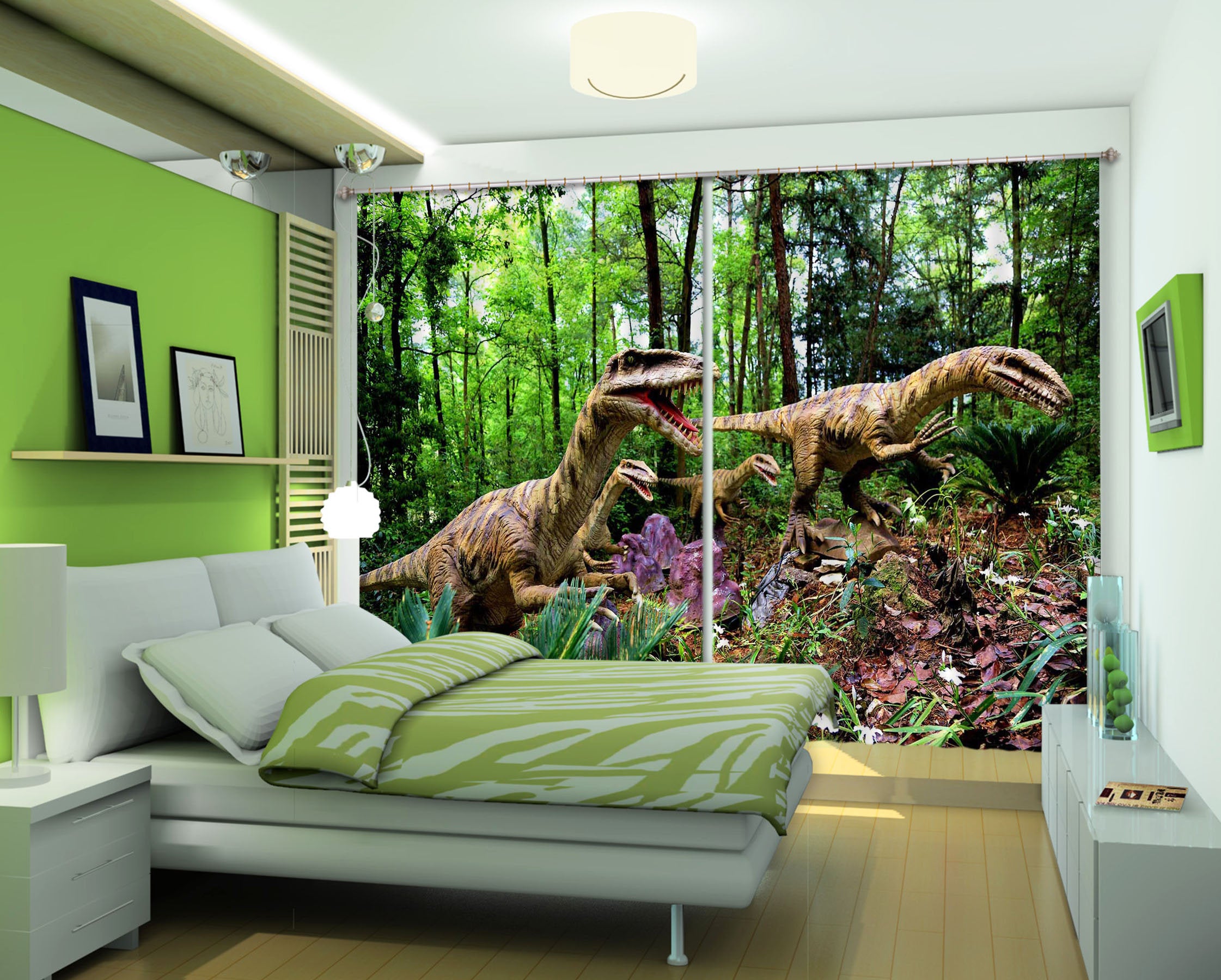 3D Dinosaur In The Forest C020 Blockout Photo Curtain Print Curtains Drapes Fabric Window | 3D Large Photo Curtain, Jess Art Decoration Wallpaper