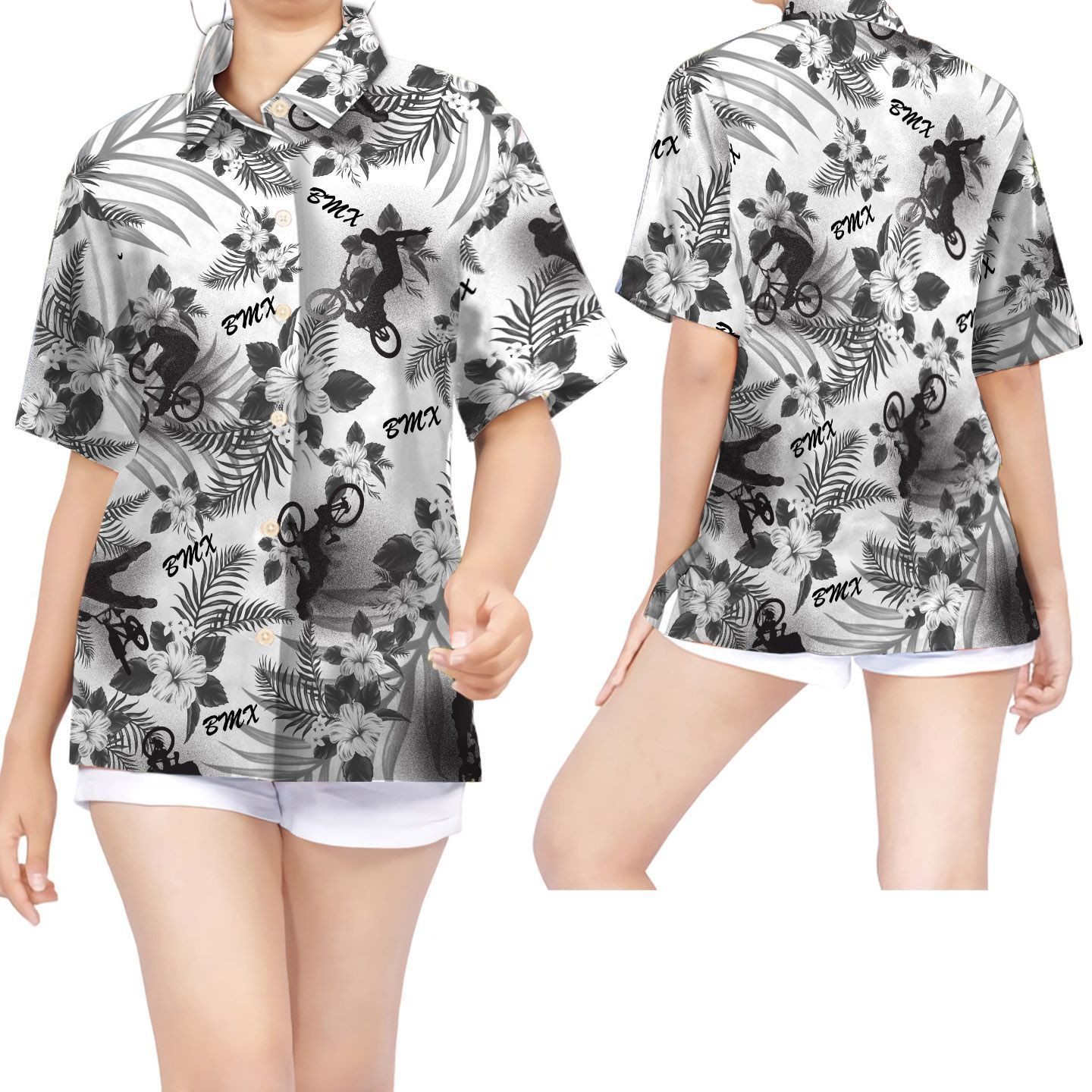 Bmx Black And White Tropical Flowers Women Hawaiian Shirt