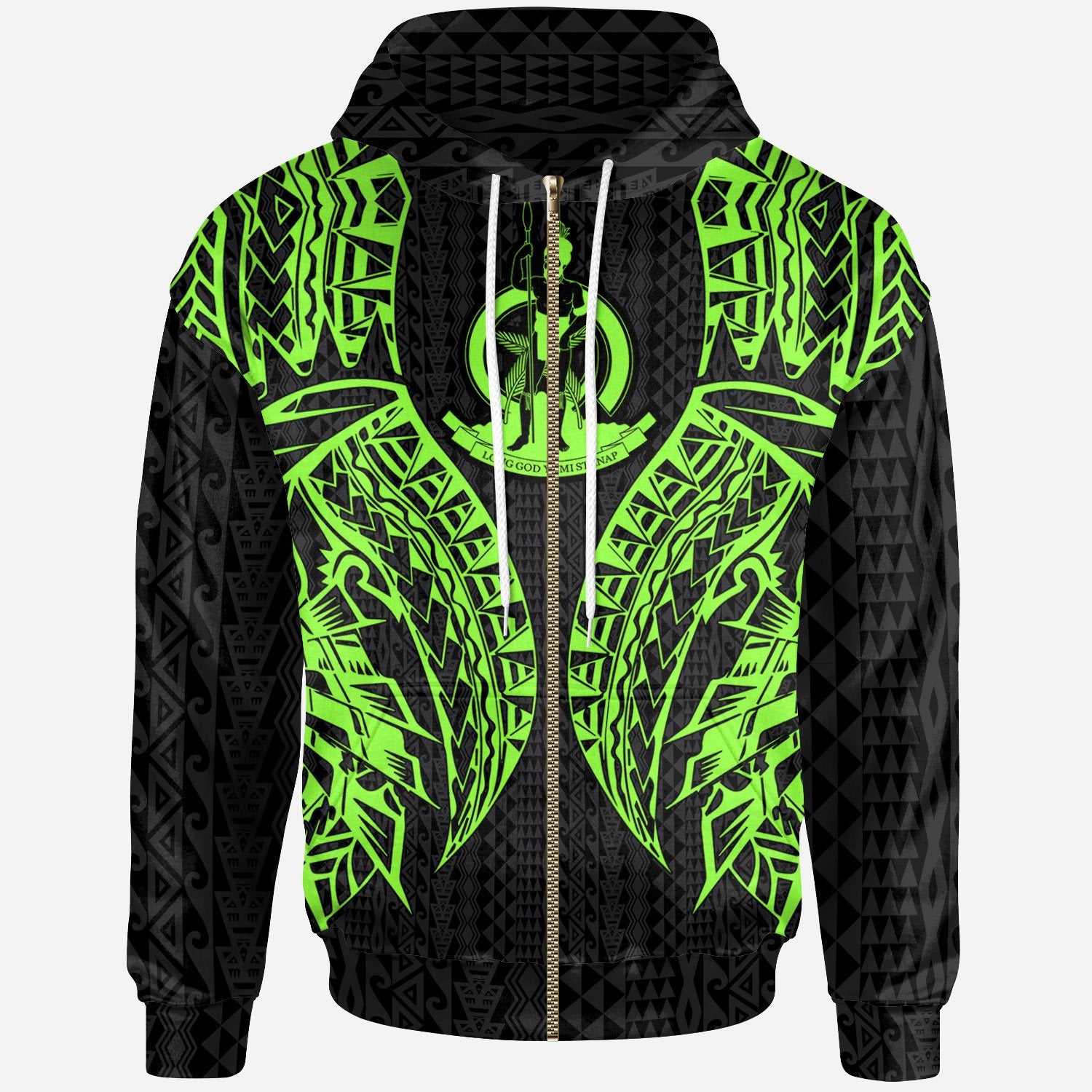 Vanuatu Zip-Up Hoodie – Polynesian Lion Head Green Style