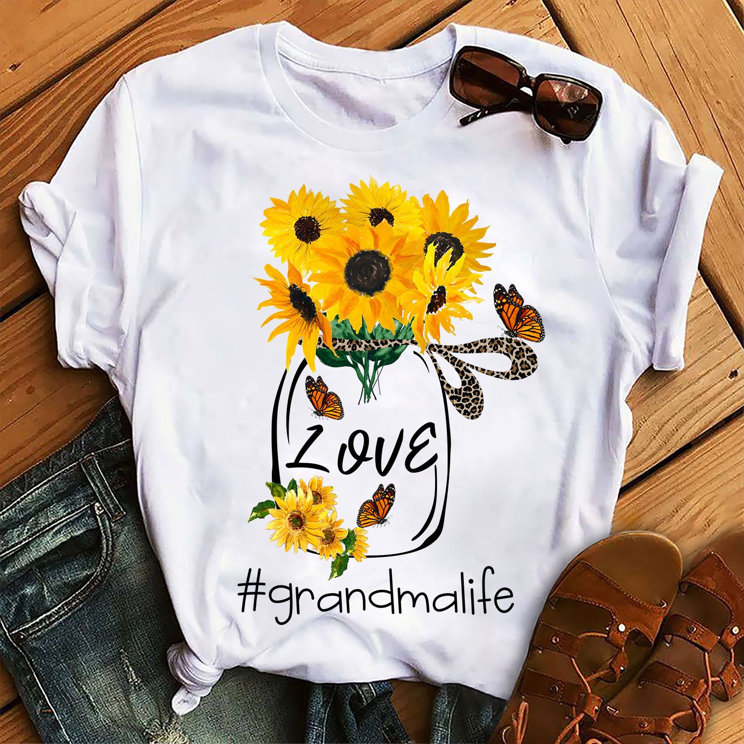 Sunflower Bottle Glass Grandma Life Lover Leopard Skin Graphic Unisex T Shirt, Sweatshirt, Hoodie Size S – 5XL