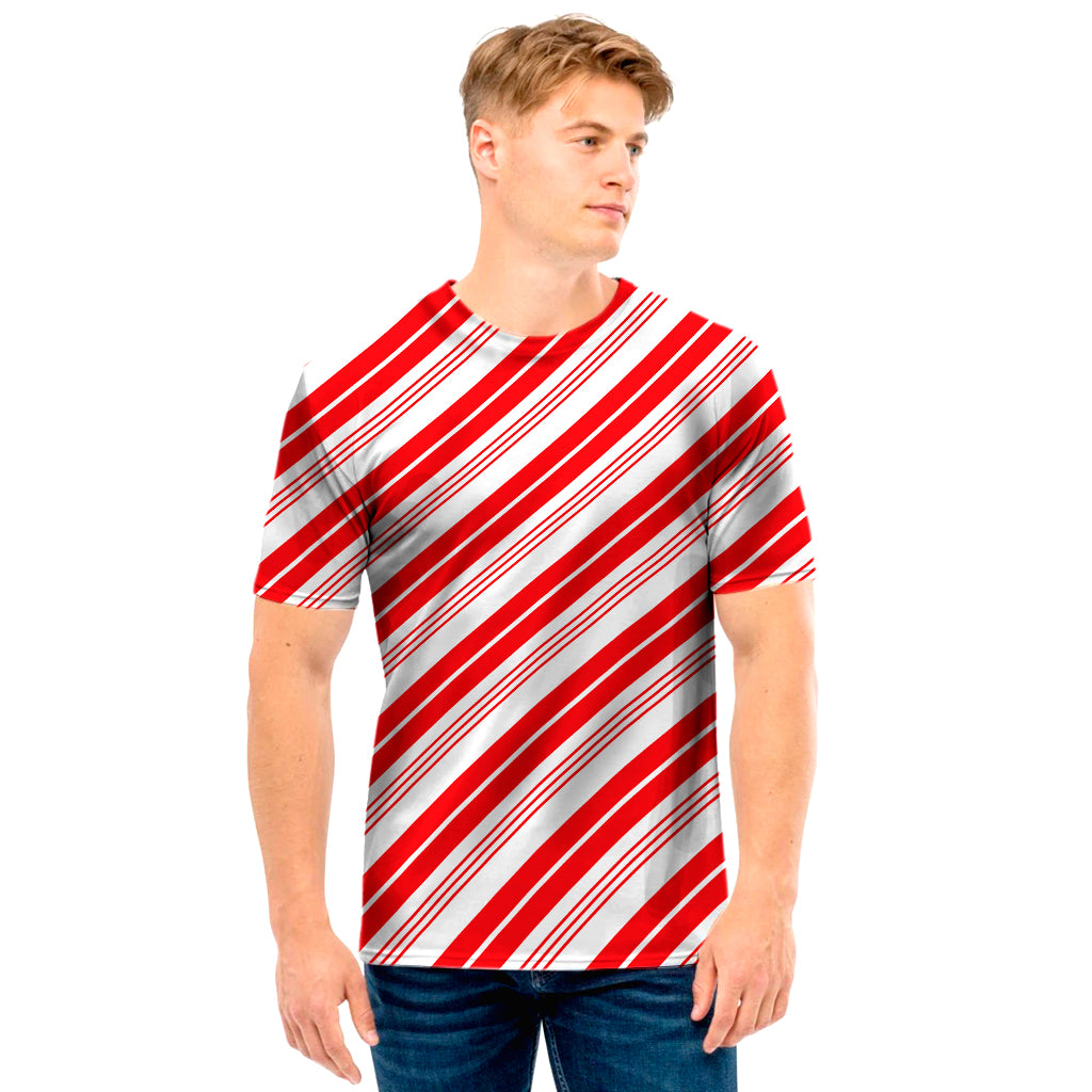 Red And White Candy Cane Stripe Print Men’S T-Shirt