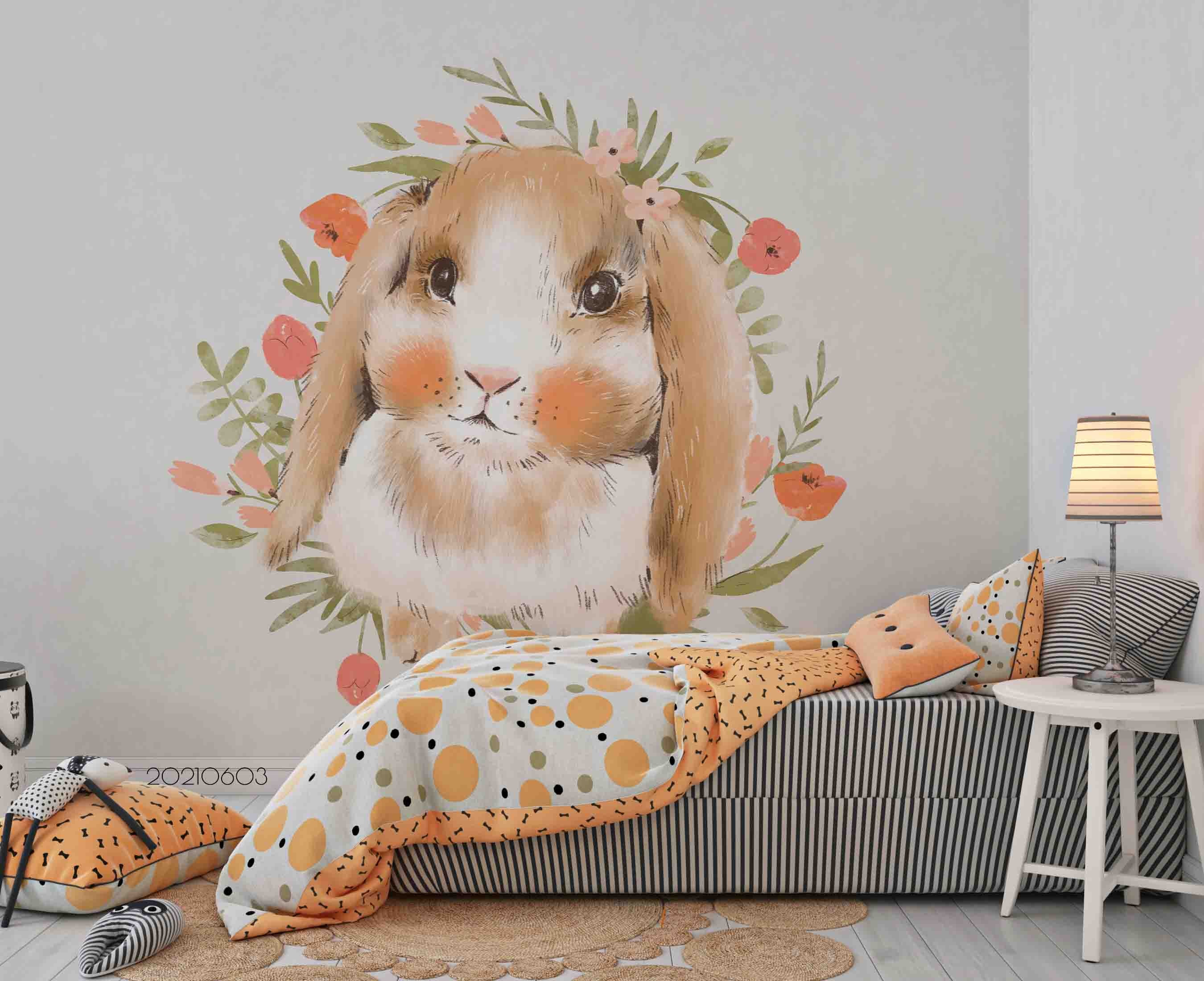 3D Bunny Floral Cartoon Watercolor Wall Mural Wallpaper Sww574