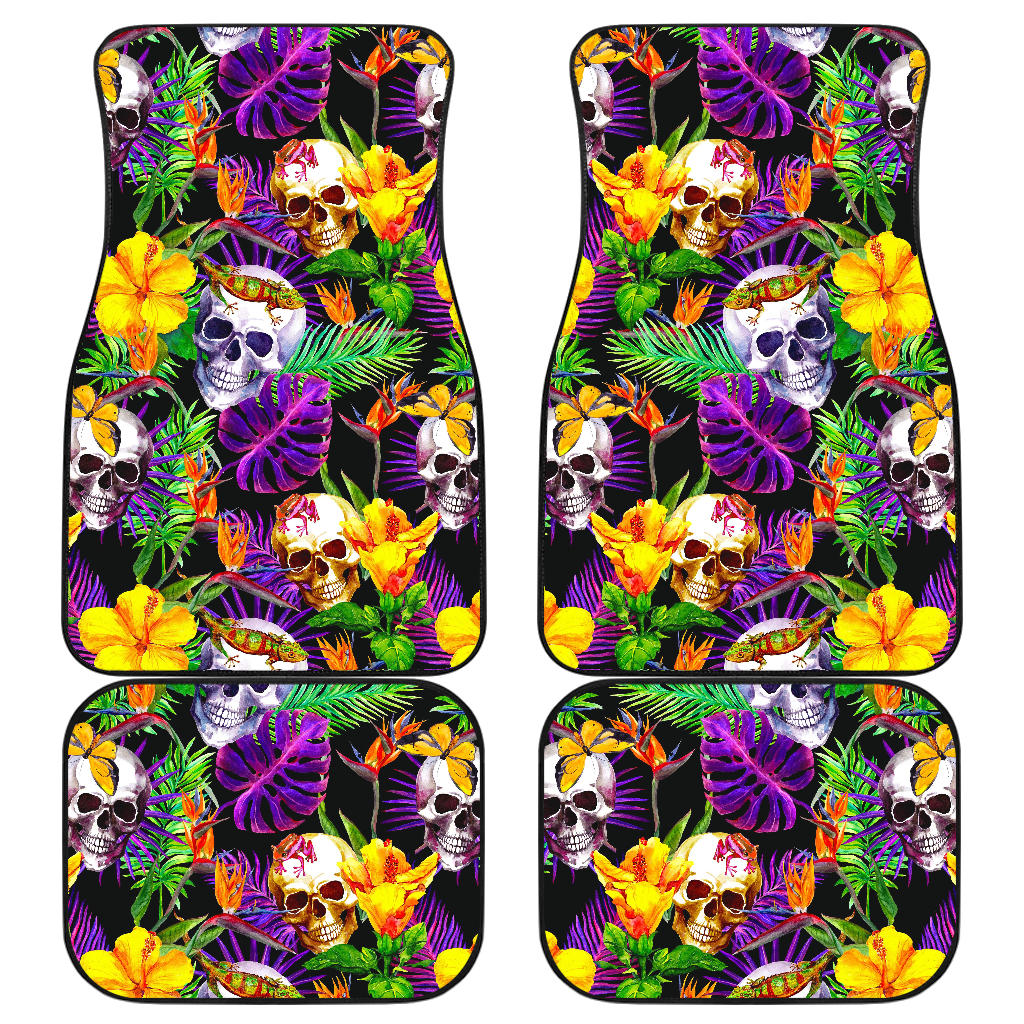 Purple Tropical Skull Pattern Print Front And Back Car Floor Mats, Front Car Mat