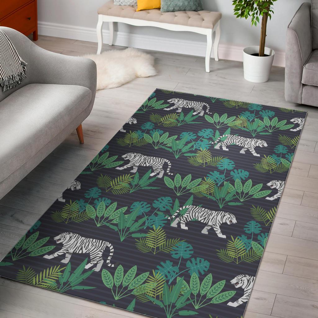 White Bengal Tigers Tropical Plant Area Rug