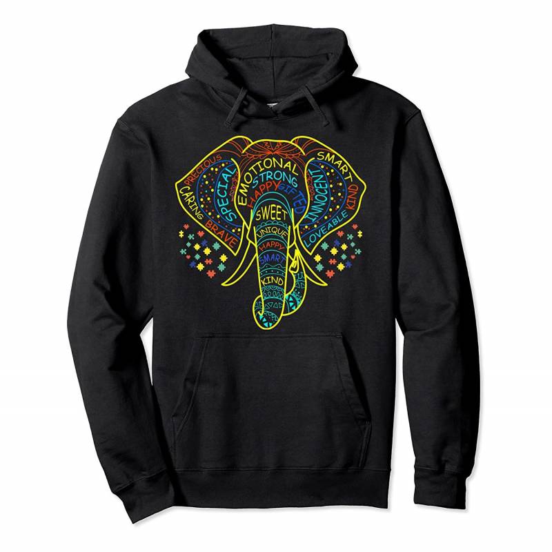 Autism Awareness Elephant Design Art Word Collage Gift Pullover Hoodie